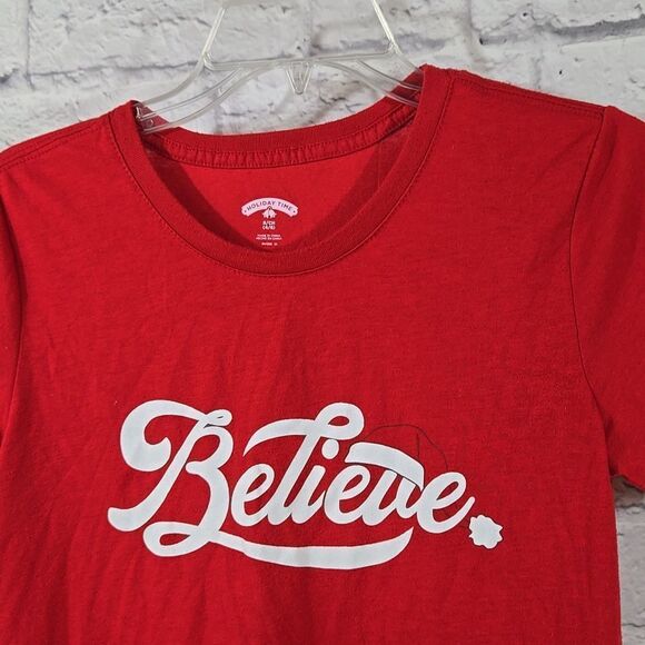 Believe Women's Christmas Short Sleeve T-shirt Small 4/6 Festive Red Holiday Tee - Picture 3 of 8
